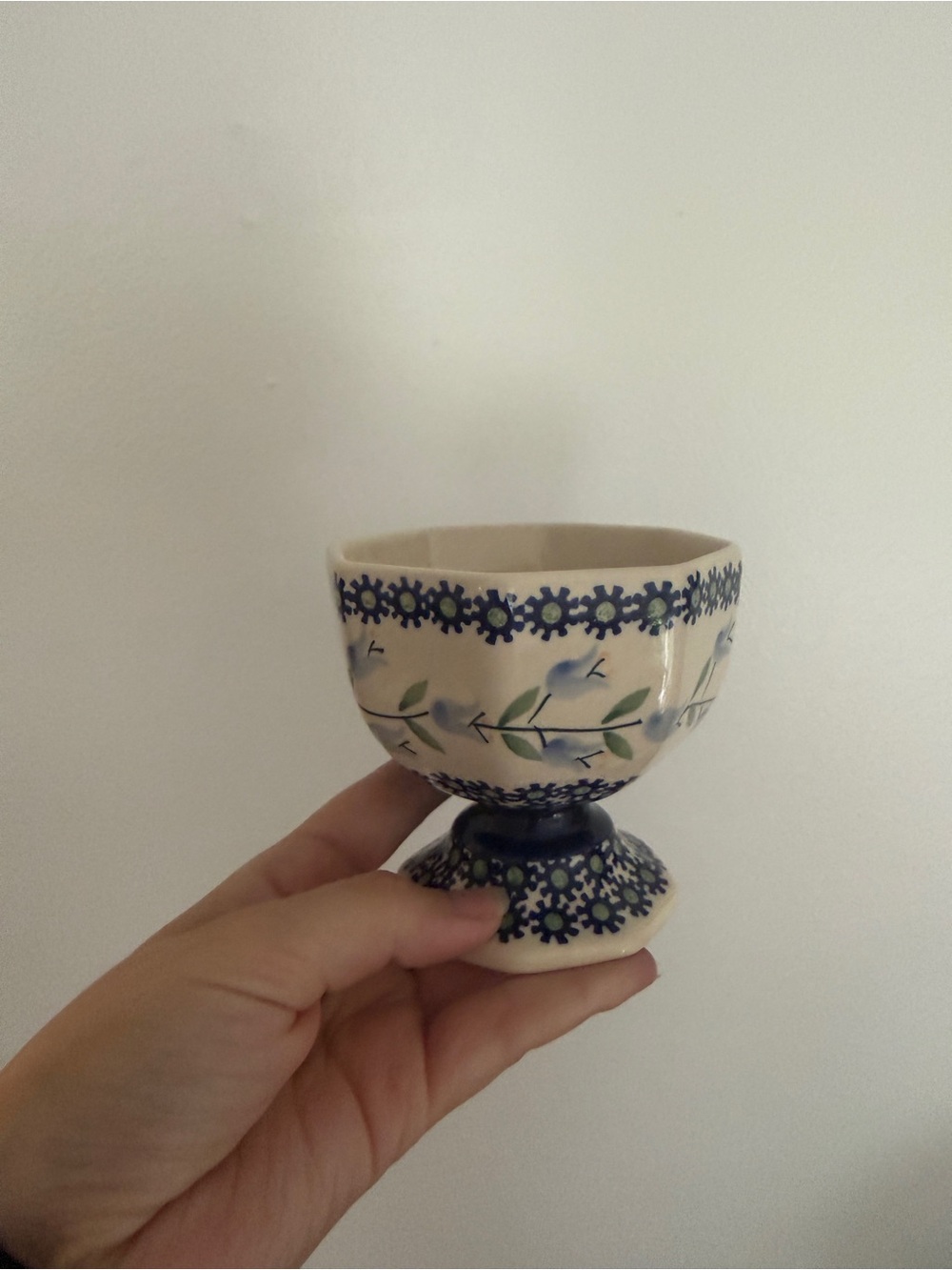 Handcrafted Ceramic Pedestal Cup - Blue Floral on Cream